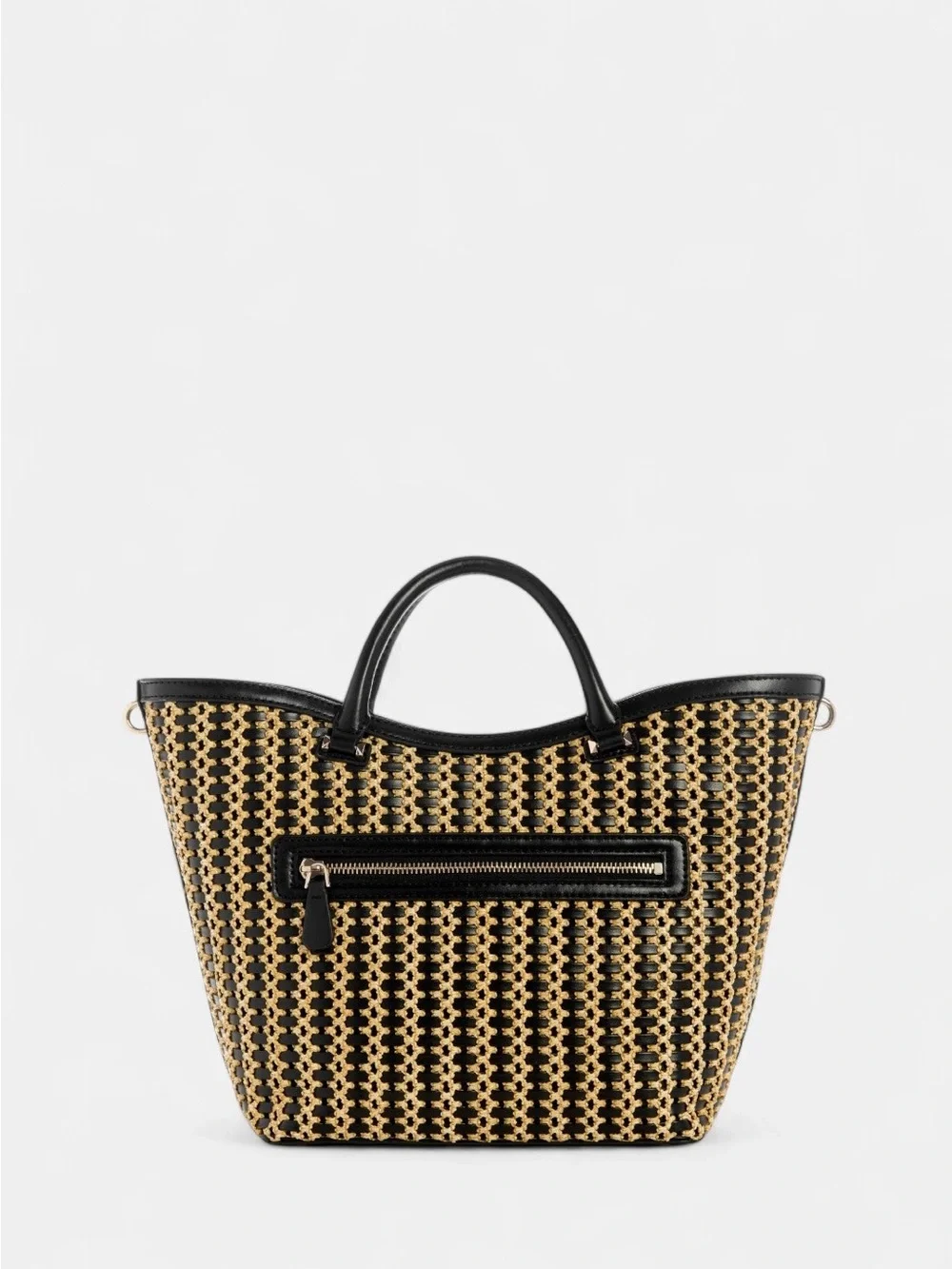 New Guess Black & Tan Woven Tote with Chain-Detail Strap